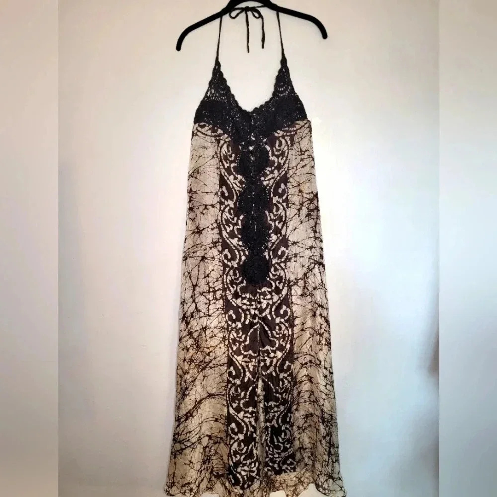 Black and Cream Lace Maxi Dress - Halter Neck
